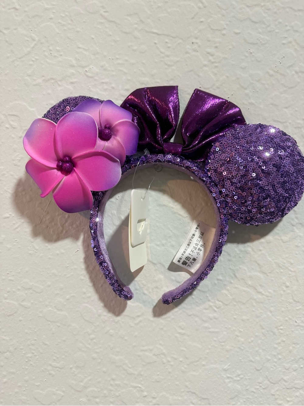 Disney Purple Sequin Minnie Ears Headband with Pink Flower